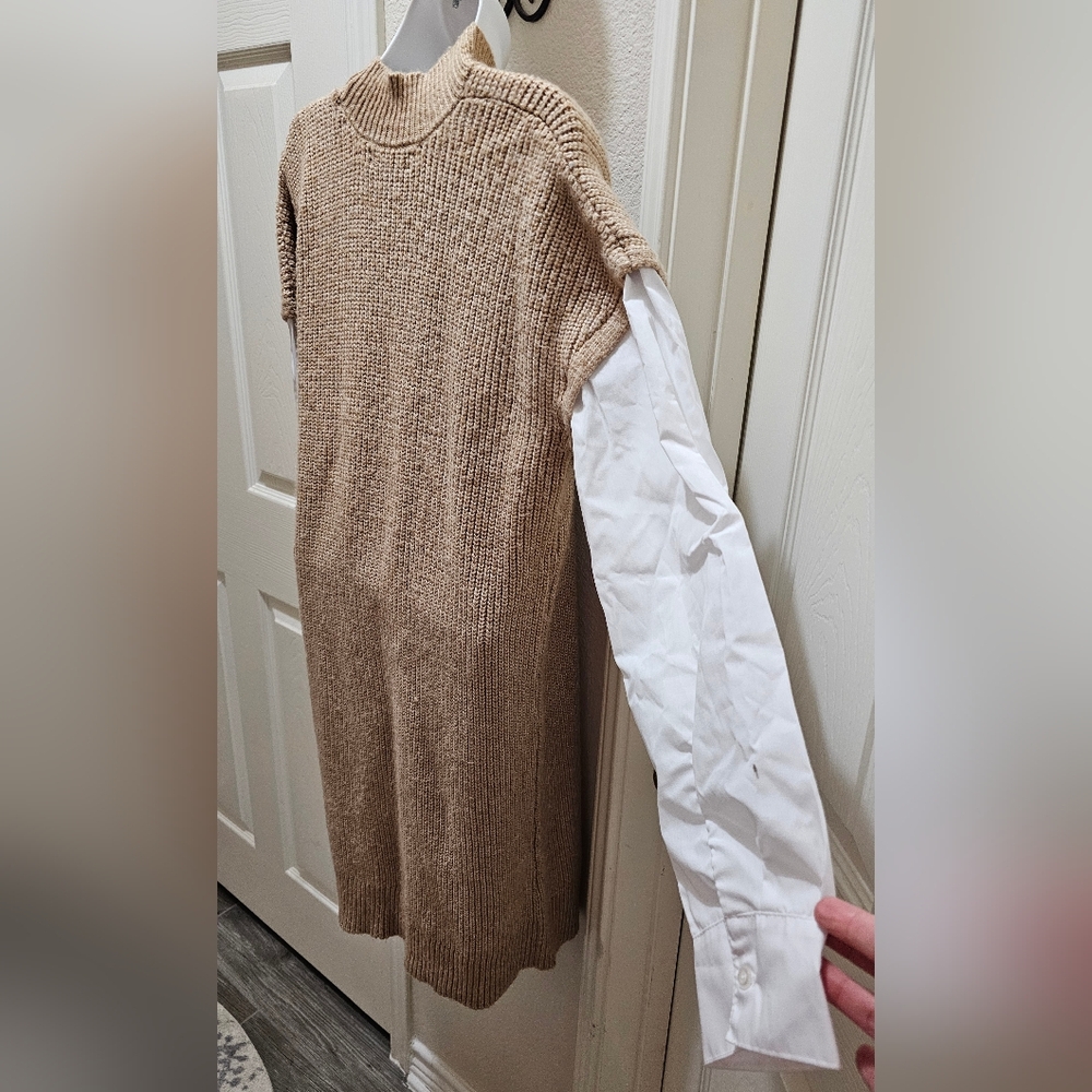 Tahari Mock White Shirt Layered Taupe Sweater Dress Taupe Size Extra Large NWOT - Picture 6 of 13